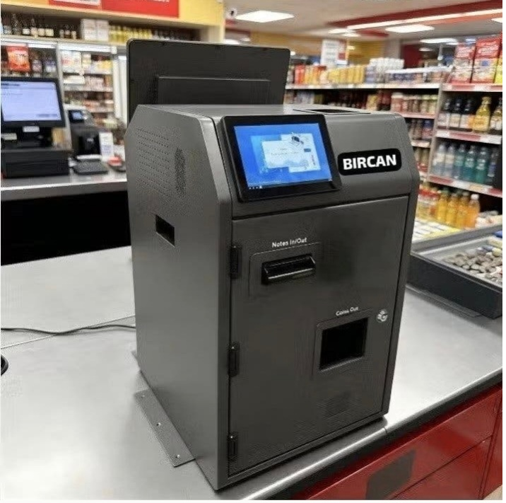 Cash recycler machine with touchscreen on a supermarket checkout counter, next to the POS terminal